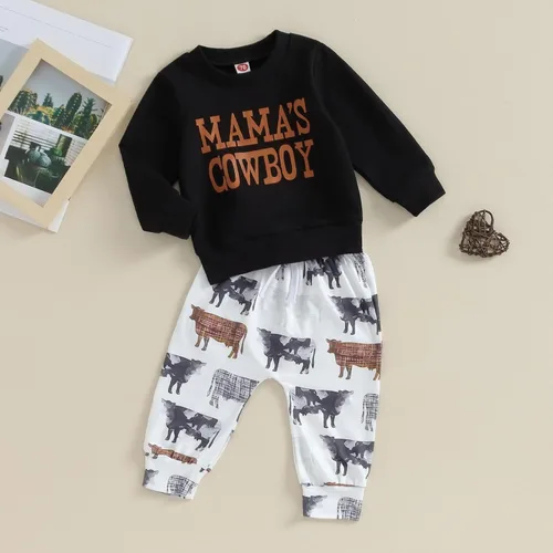 Miniatura 2 de Omkzanbi 2 piezas de ropa de otoño e invierno para bebé, sudadera de manga larga con cuello redondo, pantalones deportivos para el oeste