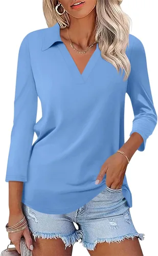 Miniatura 22 de TICTICMISS - Camisas polo de cuello en V para mujer, manga 3/4, con cuello, tops casuales de negocios, tops de verano a la moda, holgados