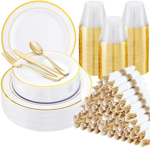Miniatura 23 de WELLIFE 350 platos de plástico de oro rosa para 50 invitados, juego de vajilla de plástico, suministros para fiestas incluye 100 platos de oro rosa