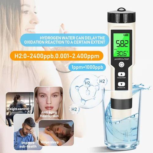 Miniatura 4 de Pruebador de Agua de Hidrógeno 4 en 1 pH, H2, ORP y Temp, Medidor de pH Medidor de ORP Probador de Hidrógeno para Agua con ATC y Retroiluminación