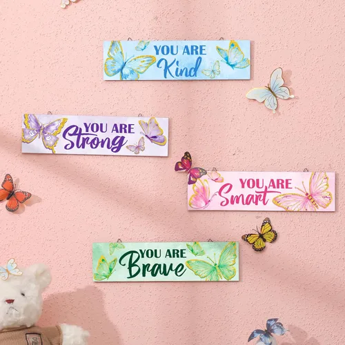 Miniatura 6 de Geetery 4 Piezas Letrero de Madera con Cita Inspiradora de Mariposa Decoración de Pared de Dormitorio para Hombres Mujeres Decoración de Arte