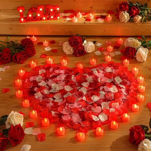 Honoson 1000 pétalos de rosa artificiales con 24 velas LED en forma de corazón sin llama, velas especiales románticas para decoración nocturna