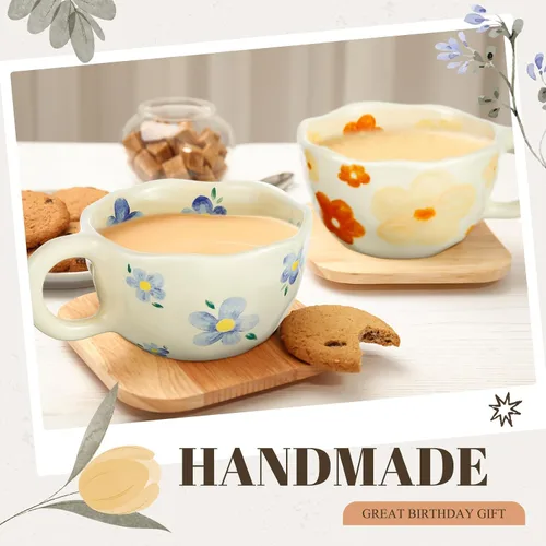 Miniatura 7 de Vesici Paquete de 4 tazas de café de cerámica con cuchara de 8.5 onzas, bonitas tazas de té estéticas con asa para té, leche, tazas de café