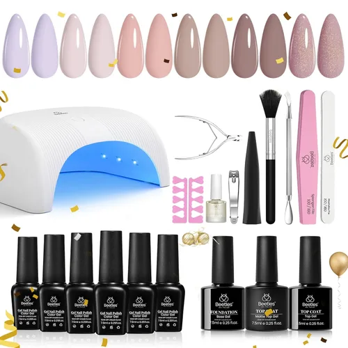 Kit de Esmalte de Uñas en Gel Beetles con Luz UV, Gel Base y Capa Superior, Kit de Inicio de Esmalte de Uñas en 6 Colores Nude Neutros, Conjunto LED