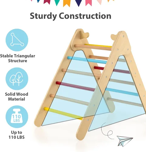 Miniatura 5 de Olakids Conjunto Triángulo Pikler 2 en 1 Juguetes de Escalada para Niños Pequeños Marco de Escalada Plegable de Madera Montessori Gimnasio de Selva