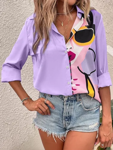 Miniatura 6 de SHENHE Camisa de manga larga con cuello para mujer, con estampado de figuras coloridas