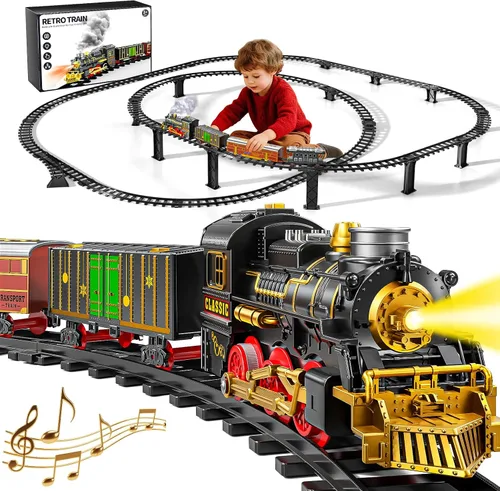 Juego de tren de Navidad para niños, juguetes de pista de tren de 2 capas con humo, luz y sonido, vías de tren de construcción para niños de 4 a 8
