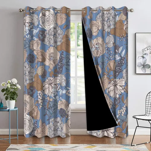 Miniatura 2 de Cortinas opacas florales bohemias azules para dormitorio, cortinas opacas botánicas de mediados de siglo de 63 pulgadas de largo, 2 paneles