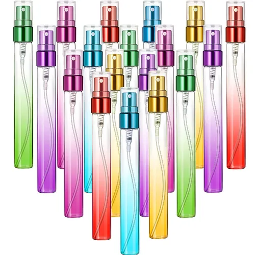 18 mini botellas de perfume de viaje de 0.3 fl oz (0.3 fl oz) de vidrio colorido pulverizador de niebla fina botellas de aerosol vacías envase