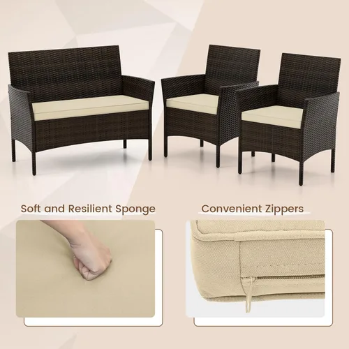 Miniatura 4 de HAPPYGRILL Juego de 4 muebles de mimbre para exteriores, juego de muebles de mimbre para patio con sillas de dos plazas y mesa de café de vidrio