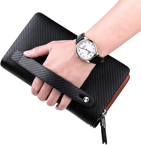 Miniatura 5 de VANNANBA Carteras de mano con doble cremallera de cuero grande cartera larga de negocios cartera de mano para teléfono regalo para padre hijo marido