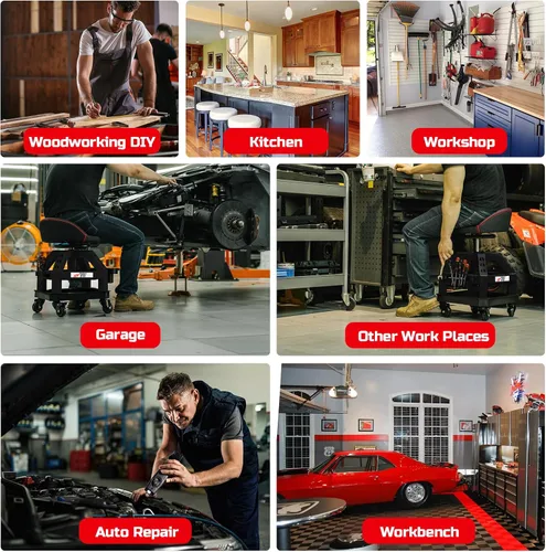 Miniatura 6 de Rolling Shop Taburete para garaje con ruedas, DO02 - Asiento giratorio de 360° de altura ajustable con almacenamiento de bandeja de herramientas