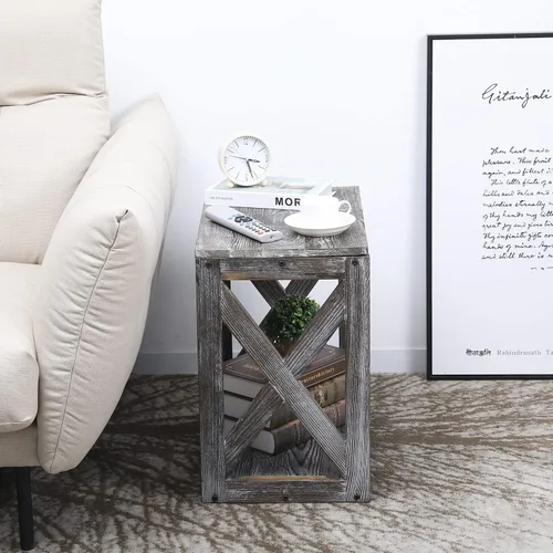 Miniatura 4 de MyGift Mesita de noche, mesa auxiliar gris rústica, mesita de noche de madera con diseño en X y estante inferior de almacenamiento