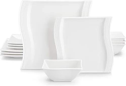 Miniatura 9 de MALACASA - Juegos de vajilla para 6, 30 piezas de platos y tazones de porcelana, juego de vajilla cuadrada con plato para cena y tazón, taza y Azul