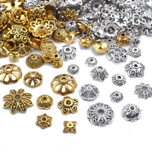 Miniatura 2 de 3.53 oz (200-350 piezas) tapas de cuentas de flores de metal mixto, cuentas espaciadoras, joyas estilo Bali, hallazgos para manualidades, Oro