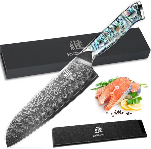 Cuchillo Santoku de acero de Damasco de 7 pulgadas, hoja profesional japonesa 10Cr15MOV con patrón de martillo forjado a mano, cuchillo de cocina
