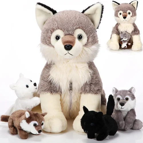 Honoson Juego de 5 Piezas de Juguetes de Peluche de Lobo de 14 Pulgadas Mamá Lobo Animal de Peluche con 4 Bebés Peluche Suave para Niños y Niñas