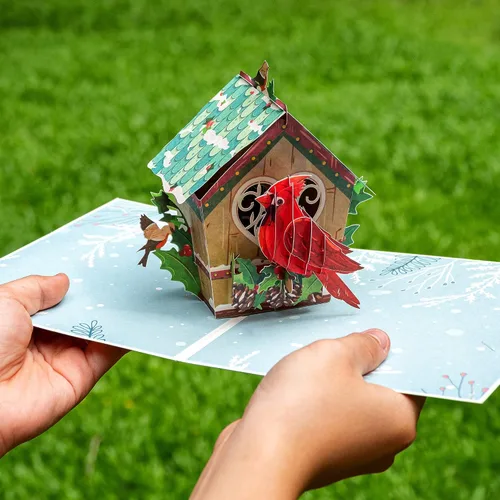 Miniatura 3 de Frndly by Paper Love Bird House Tarjeta de Navidad Pop Up, Tarjetas de Felicitación Emergentes 3D Hechas a Mano, Para Navidad o Días Festivos, 100%