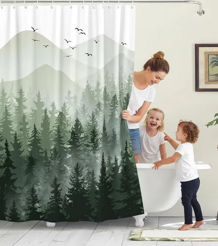Miniatura 6 de Accnicc Juego de cortinas de ducha con diseño de bosque nebuloso, naturaleza, montaña, pino, cortinas de ducha para baño, ombre verde salvia blanco