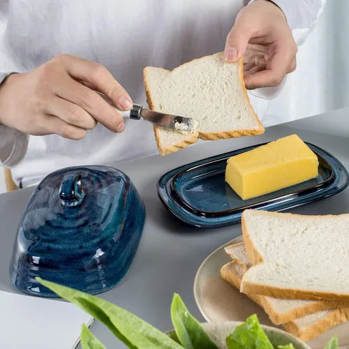 Miniatura 6 de Mantequillera con tapa, soporte de cerámica para mantequilla con tapa y asa para encimera, recipiente de mantequilla de porcelana para mantequilla