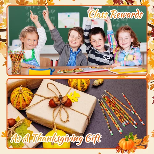 Miniatura 7 de Crtiin Juego de 30 lápices de Acción de Gracias de otoño, bonitos patrones de espantapájaros y pavo con mini borradores de bellota de hoja de arce