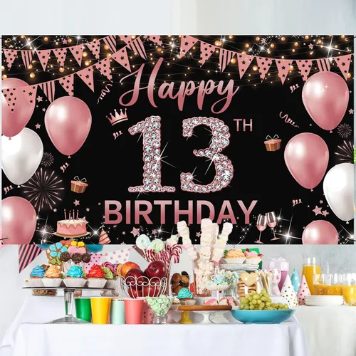 Miniatura 6 de Cartel de fondo de decoración de cumpleaños número 13, decoración de feliz cumpleaños número 13 para niñas, fondo de fotografía de cumpleaños de oro