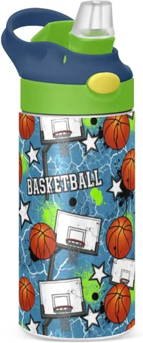 Stars Basketball Blue Kids Insulated Water Bottle with Straw Lid, 12oz Stainless Steel Vacuum Tumbler, Leakproof BPA-Free Toddler Cup for School,