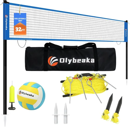Miniatura 12 de Sistema de red de voleibol portátil de tamaño reglamentario de 32 pies para patio trasero y playa con postes de altura ajustable, voleibol