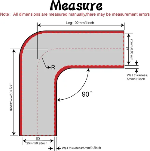 Miniatura 2 de 90 Grados ID 1 Pulgada (25mm) Manguera de Acoplador Reductor de Silicona Negra, 4 Capas Reforzadas, Longitud de Pata 4 Pulgadas (102mm) con 2