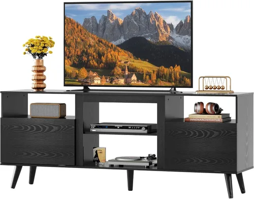 Miniatura 9 de WLIVE Soporte de TV con chimenea para TV de 55 y 65 pulgadas, centro de entretenimiento de mediados de siglo con chimenea eléctrica, consola de TV