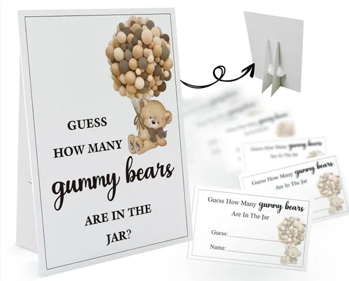 GNATV Guess How Many Gummy Bears Are in the Jar - 1 cartel de pie y 50 tarjetas de adivinanzas, juego de baby shower con temática de oso para niños