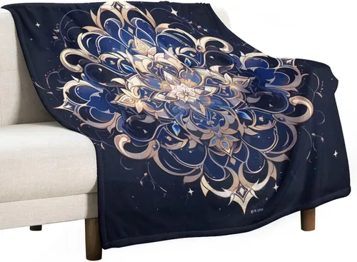 Elegante manta de diseño de mandala dorada azul con diseño de mandala étnico, vintage, multicolor, floral, bohemia, suave, 30 x 40 pulgadas, manta
