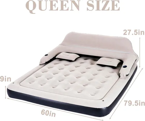Miniatura 6 de Cama inflable de colchón de aire tamaño Queen con cabecero y almohadas, sofá cama inflable