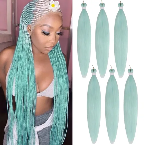 Miniatura 44 de Cabello trenzado verde azulado preestirado, hipoalergénico, sintético, color azul aguamarina, para trenzas y giros, extensiones de cabello largo