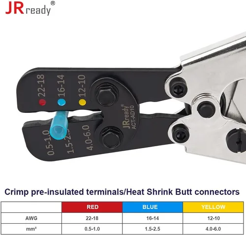 Miniatura 4 de JRready ACT-AD10 - Herramienta de crimpado de trinquete, crimpadora de cables de 22 a 10 AWG para conectores a tope termorretráctiles y terminales