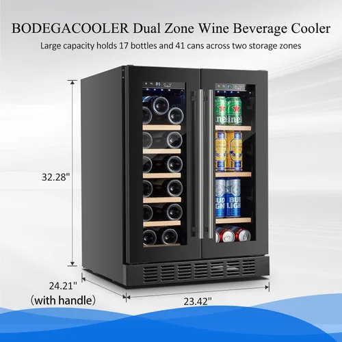Miniatura 2 de BODEGA Refrigerador de bebidas negro, enfriador de vino y bebidas de doble zona de 24 pulgadas debajo del mostrador, refrigerador de bebidas