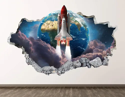 Calcomanía de pared de transbordador espacial, decoración artística 3D, póster de lanzamiento aplastado, mural para habitación de niños, regalo