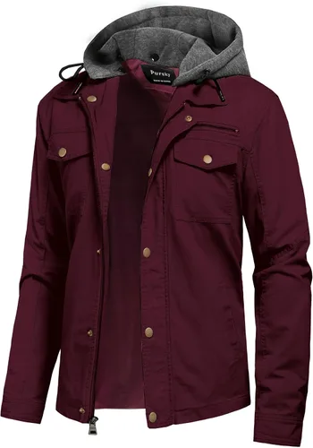 Miniatura 8 de Pursky Chaqueta de lona de algodón militar casual para hombre con capucha desmontable