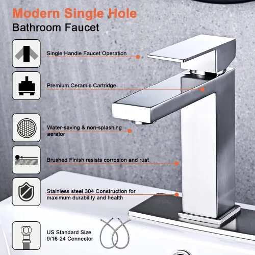 Miniatura 6 de AVSIILE Grifo de Baño de Níquel Cepillado, Grifo de Baño de Vanidad de Un Solo Agujero, Grifo de Baño Moderno de Acero Inoxidable de Una Sola Manija