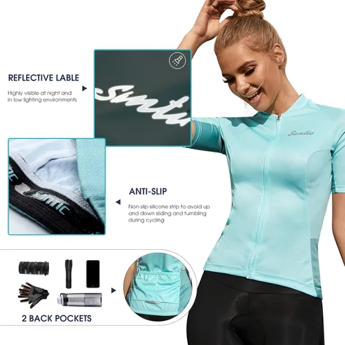 Miniatura 3 de Santic Camiseta de ciclismo de manga corta para mujer, con cremallera completa, con 3 bolsillos, transpirable, de secado rápido