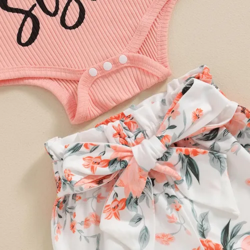 Miniatura 4 de Traje de tía para bebé recién nacida, camiseta de manga corta acanalada, pantalones cortos florales con diadema