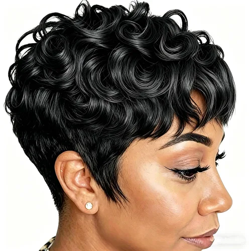 Pelucas cortas de corte Pixie negro natural para mujeres negras, pelucas de cabello rizado de repuesto, peluca corta negra en capas con flequillo