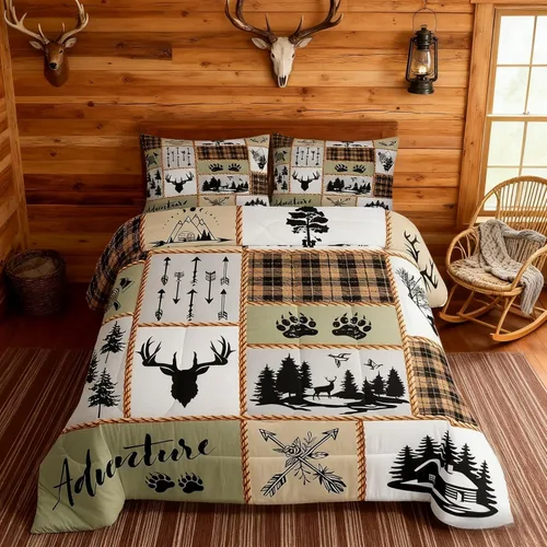 Miniatura 123 de Juego de edredón de cuernos de ciervo tamaño individual, juego de ropa de cama rústica de granja con huellas de oso y pinos para decoración