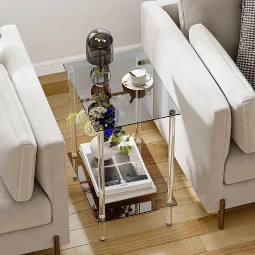 Miniatura 8 de Mesa auxiliar de vidrio templado, mesa de centro acrílica, mesita de noche transparente de 2 niveles, mesa de café transparente, para espacios