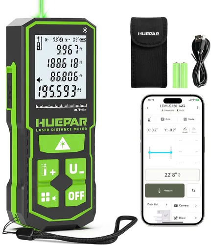 Herramienta de medición láser con aplicación Bluetooth, 200 pies, ± 1/16 pulgadas de alta precisión, medidor de distancia láser de haz verde