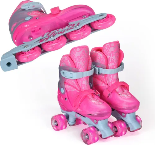 Barbie 2in1 Kids Roller Skates, Transform from Quads to Inlines Skates, Durable Hardshell Boot, LED Wheels for Quads and Inlines, ABEC-7 Carbon