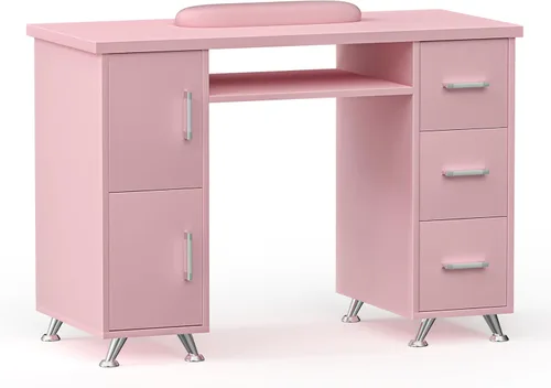 Miniatura 14 de Mesa de manicura, mesa de uñas, estación de mesa de uñas, resistente a acetona, cojín de muñeca, 3 cajones y 2 gabinetes
