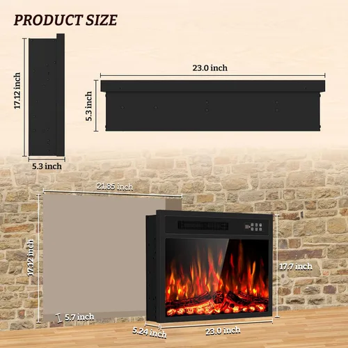 Miniatura 2 de BREEZEHEAT Chimenea eléctrica de 23 pulgadas, empotrada y montada en la pared, calentador de 750/1500 W con control de temperatura, opciones