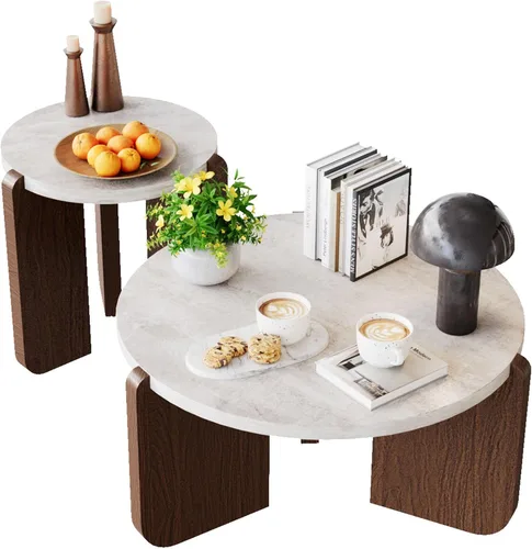 Miniatura 4 de COSIEST - Juego de mesa auxiliar redonda moderna y mesa auxiliar, tapa de madera con aspecto de mármol falso, patas de nogal y crema blanca, mesa