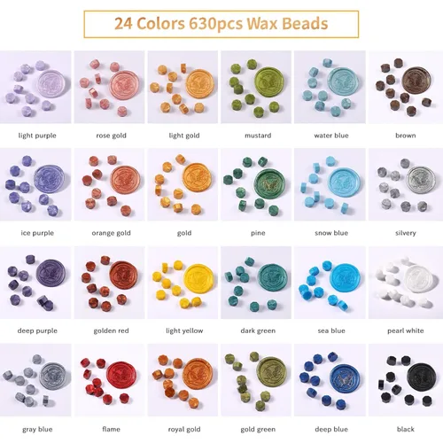 Miniatura 2 de Kit de Sellado de Cera con Caja de Regalo, 630 Piezas de Cuentas de Sellado de 24 Colores, Sello de Mariposa, Calentador de Cera de Sellado, Sobres